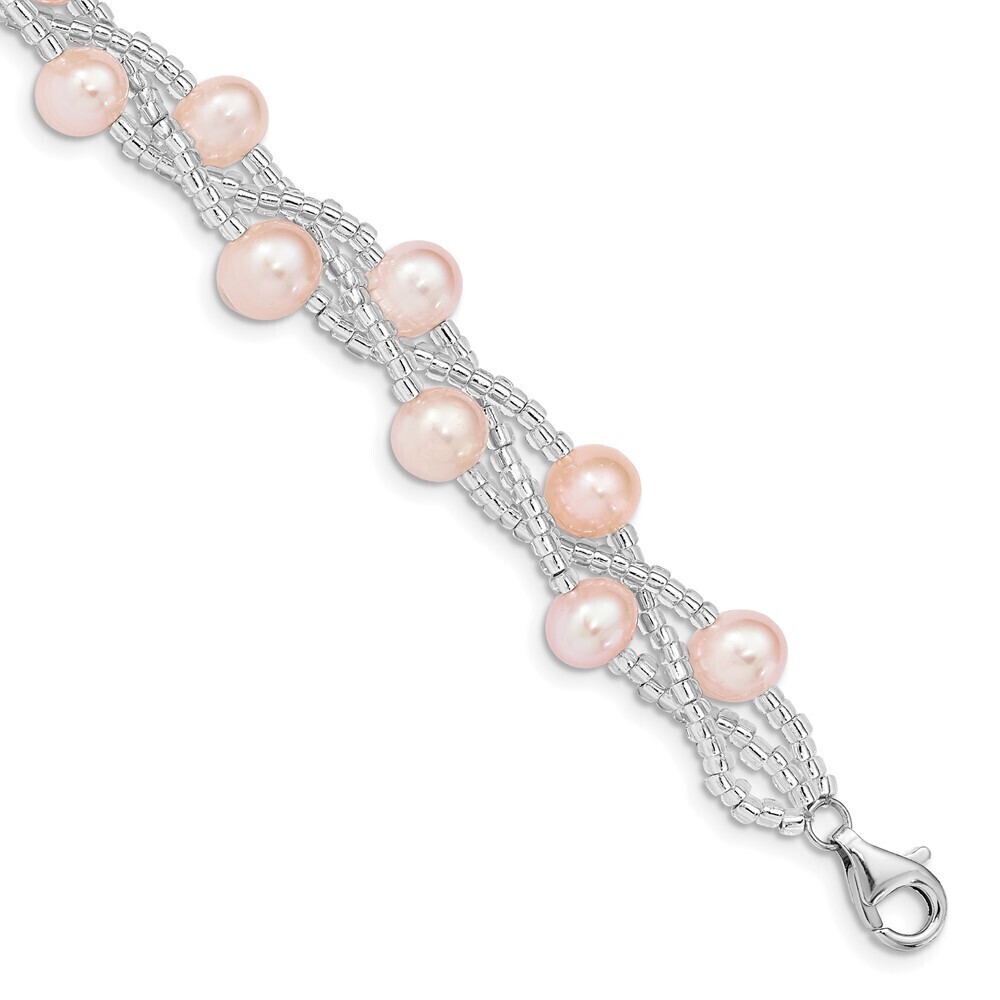 Kazi Luxury Sterling Silver Rhd-plt 7-9mm Pink FWC Pearl & Glass Beaded Bracelet